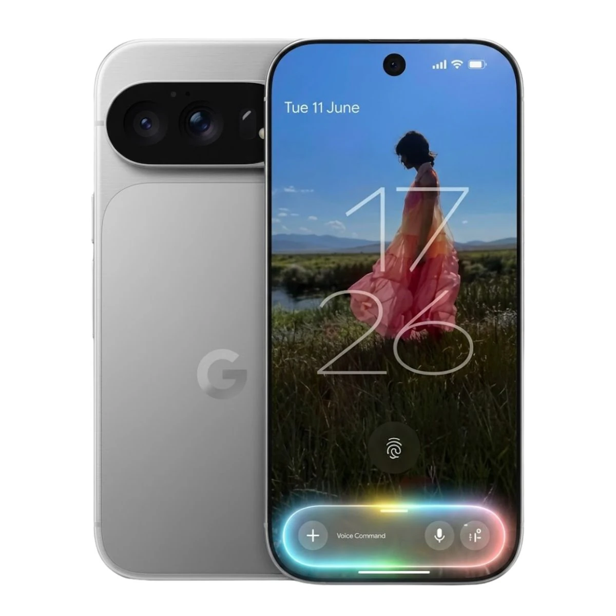Google Pixel 11 Pro XL smartphone in silver with a sleek design. The front displays a vibrant screen featuring a scenic image and digital clock. The back showcases dual cameras and the iconic 'G' logo. Ideal for tech enthusiasts.