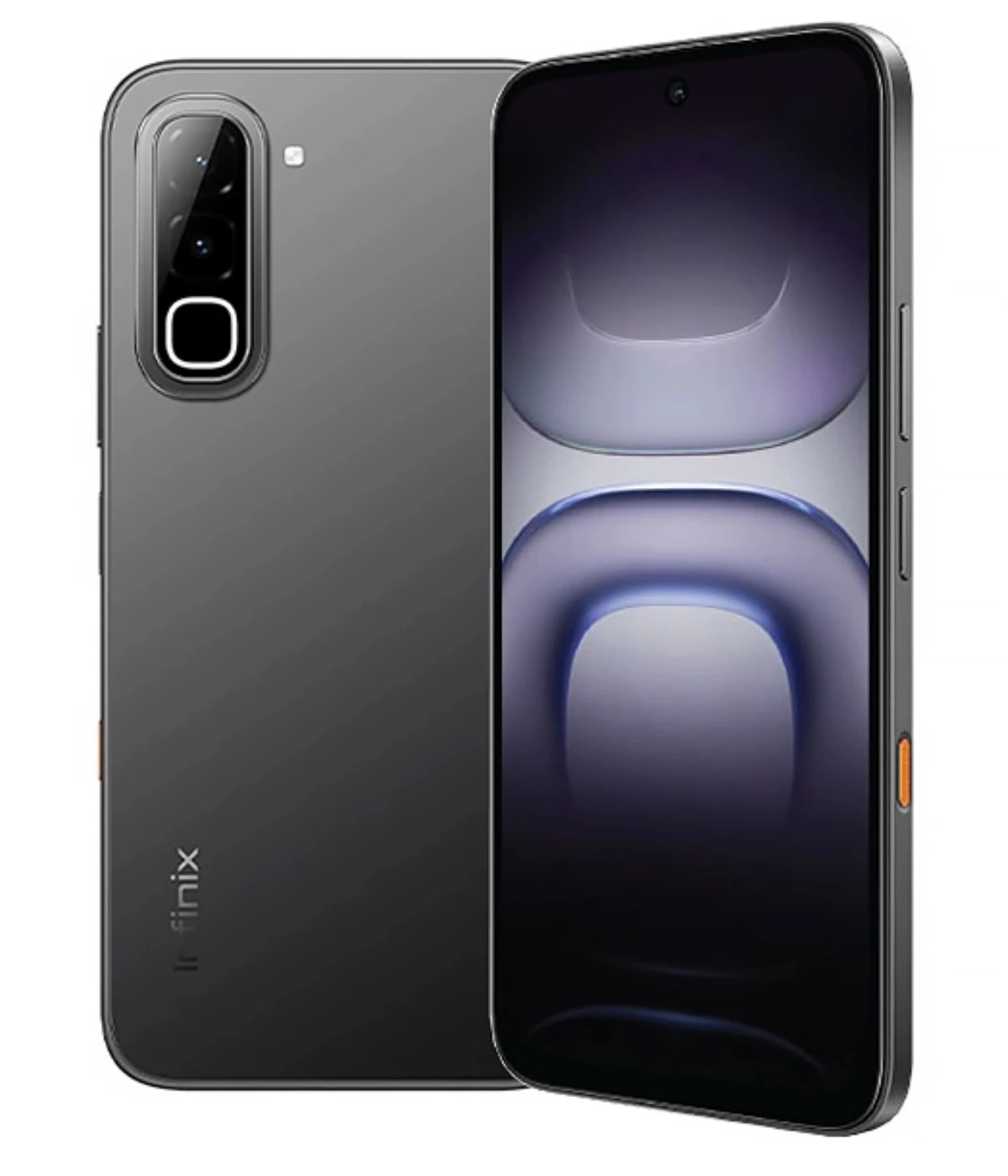 Infinix Hot 70 smartphone in sleek black design, showcasing a dual-camera setup and vibrant display. Features a modern aesthetic with rounded edges and a side-mounted fingerprint sensor.