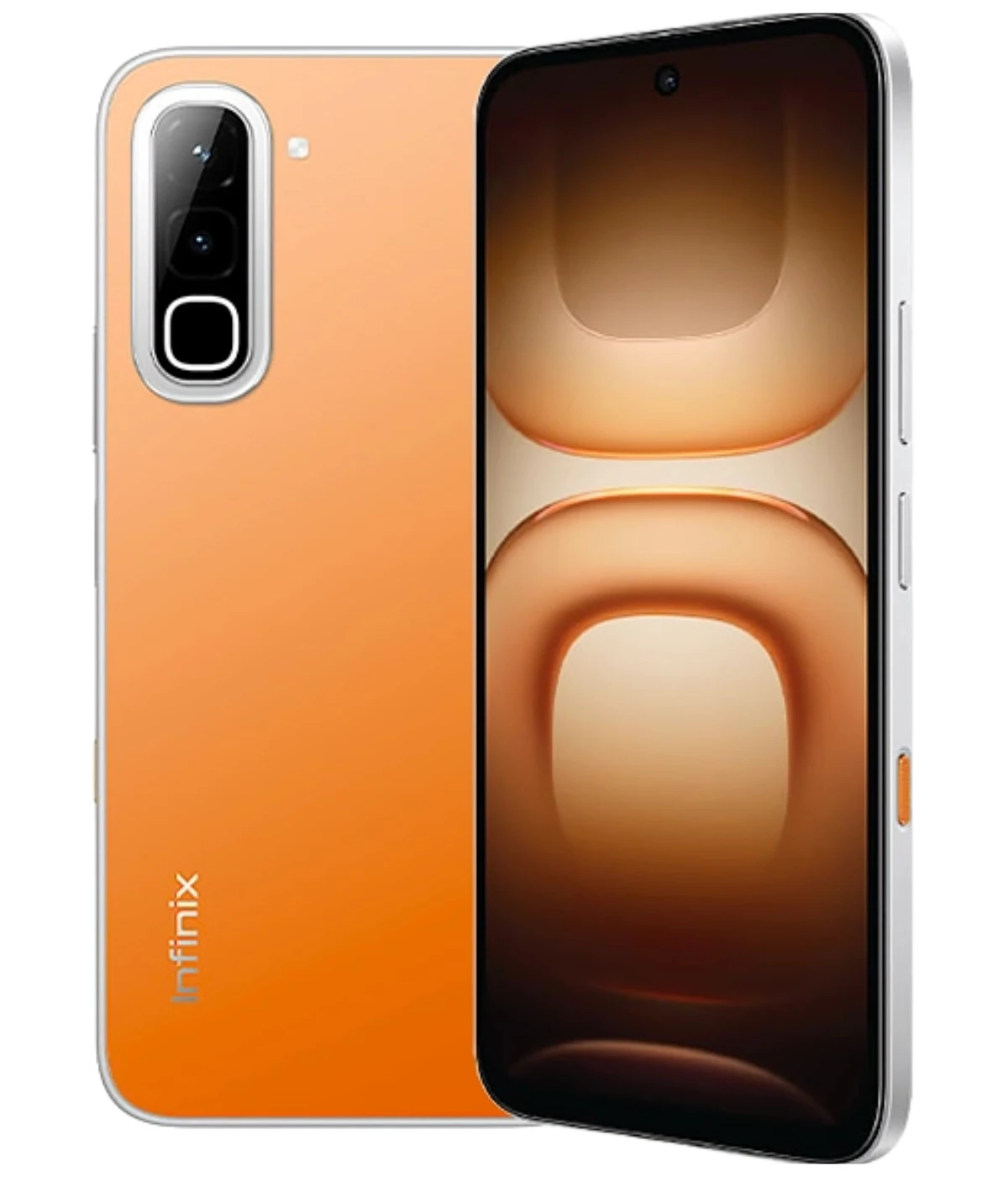 Infinix Hot 70 smartphone in vibrant orange color with a sleek design. Features a dual-camera setup and a modern display. The device showcases a glossy finish and a side-mounted power button, ideal for tech enthusiasts.
