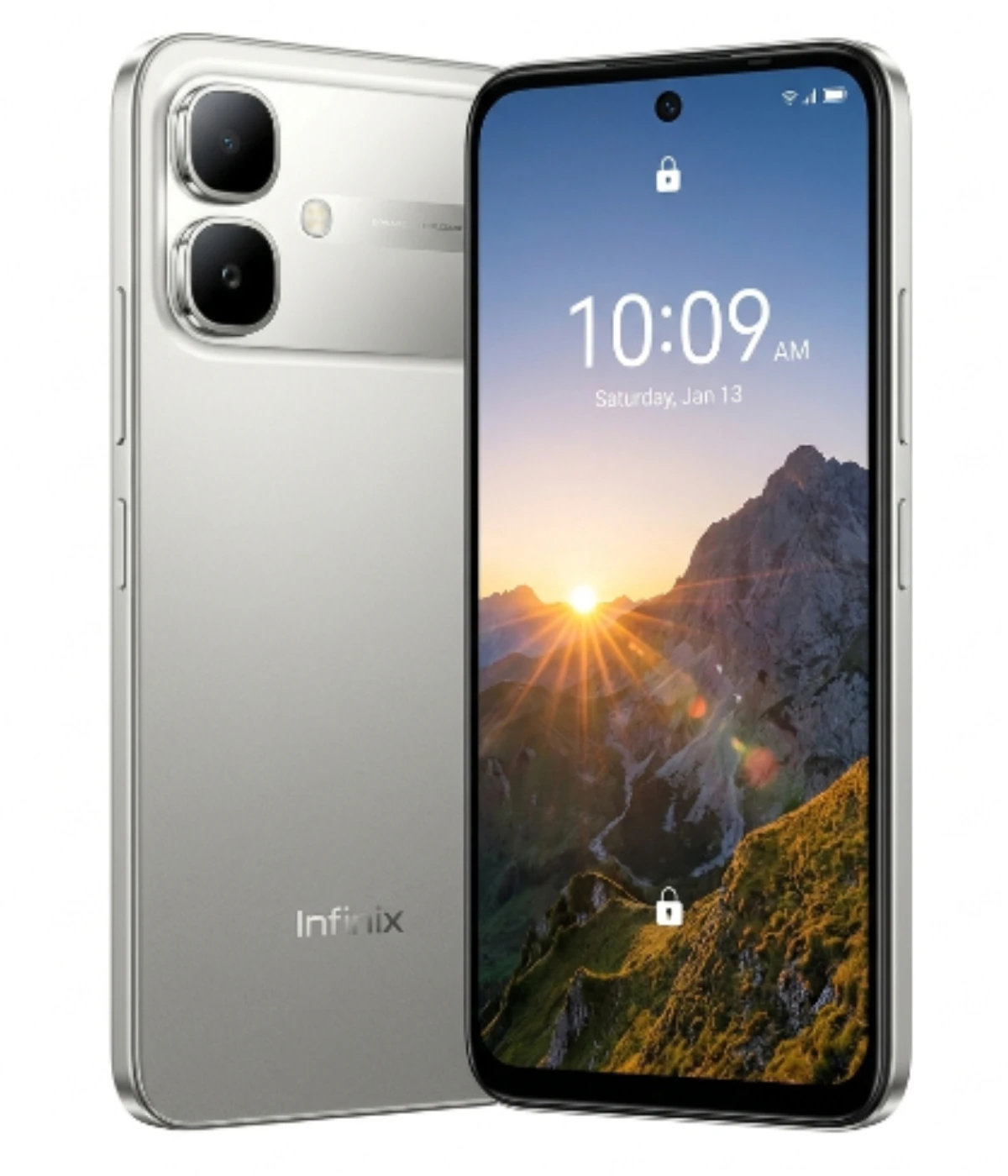 Infinix Smart 20 smartphone in silver color featuring a dual-camera setup, sleek design, and vibrant display showing a mountain landscape at sunrise. The device is angled to showcase both front and back views.