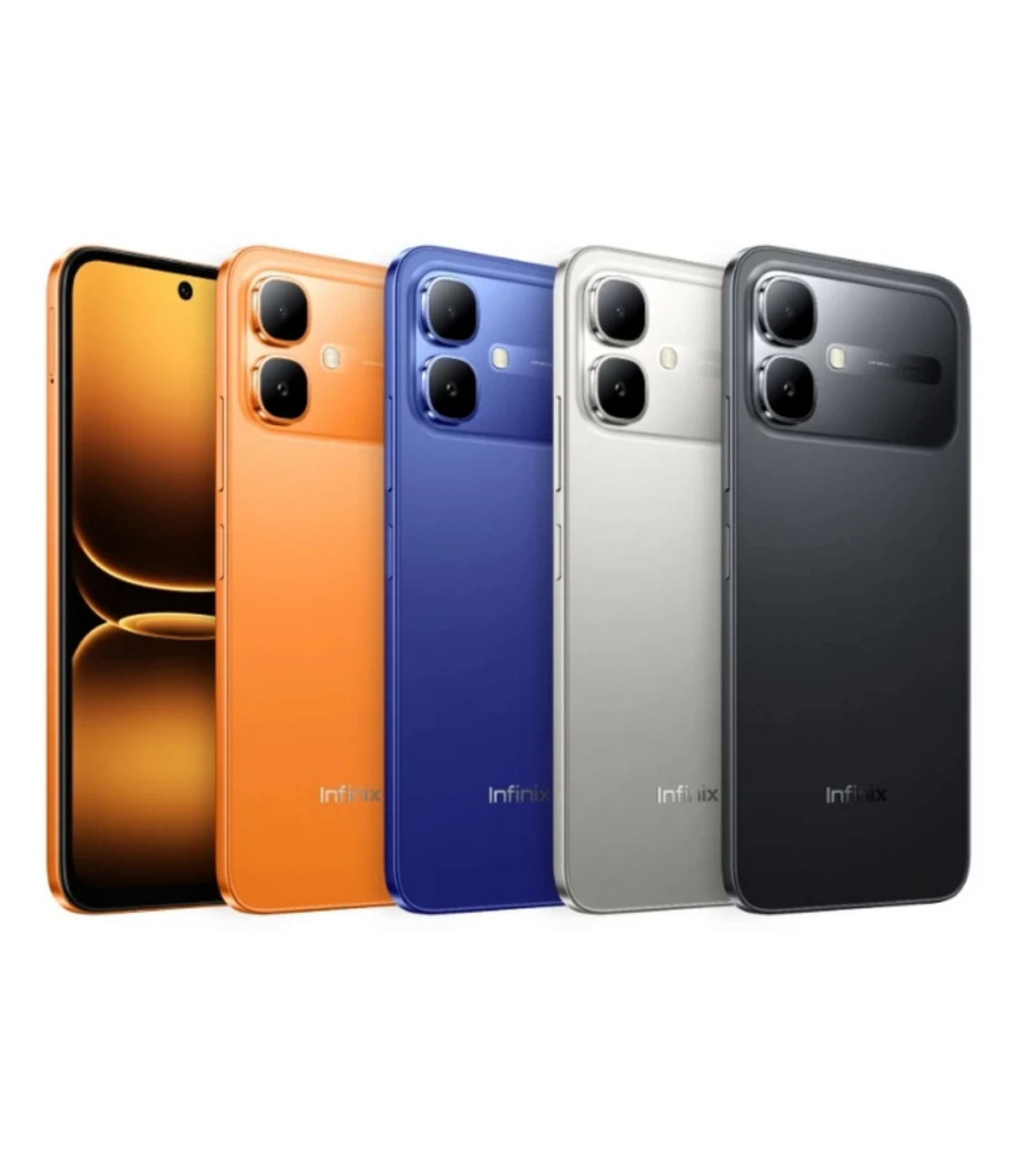 Infinix Smart 20 smartphone lineup featuring vibrant colors: orange, blue, silver, and black. Each phone showcases dual rear cameras and a sleek design, perfect for modern users.