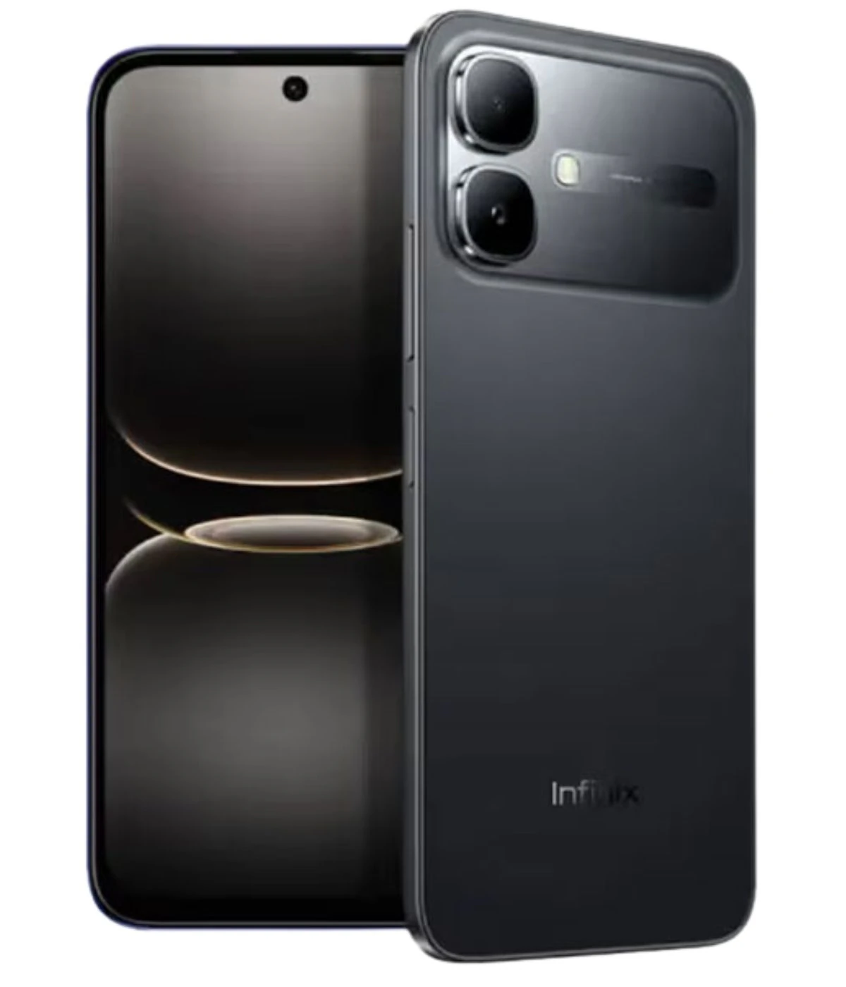 Infinix Smart 20 smartphone in sleek black design, showcasing dual rear cameras and a modern aesthetic. The device features a vibrant display with minimal bezels, emphasizing its contemporary look.