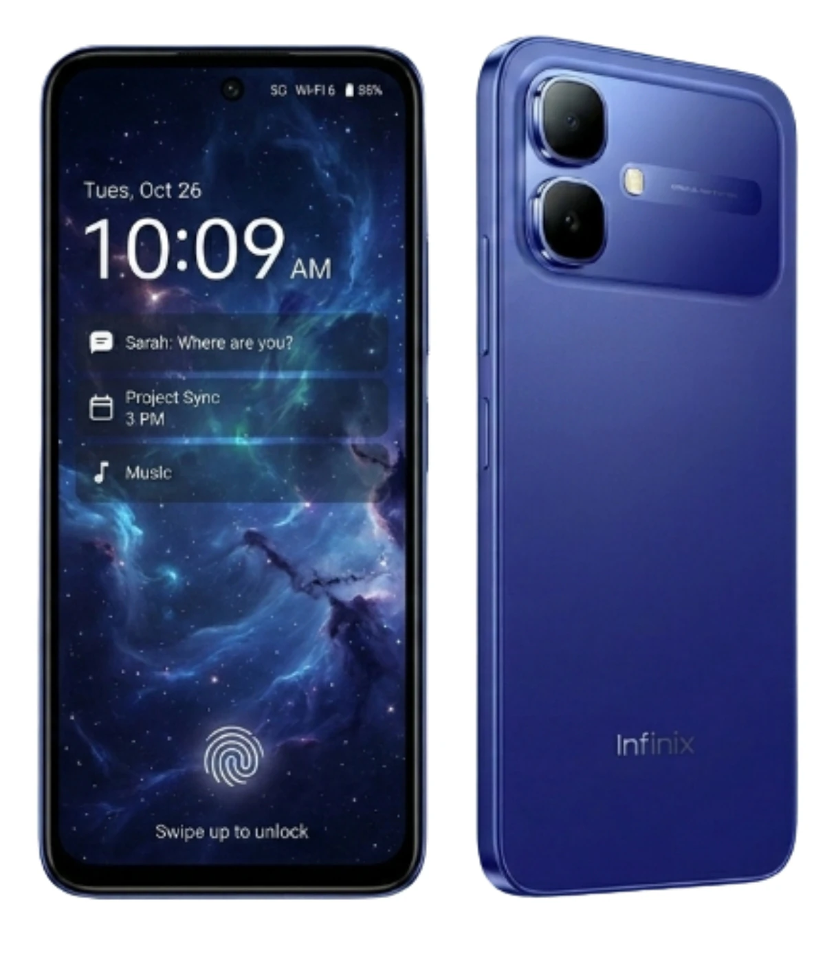 Infinix Smart 20 smartphone in a striking blue color, showcasing a vibrant display with a cosmic wallpaper, dual rear cameras, and a sleek design. The device features a fingerprint sensor on the front, emphasizing its modern technology.