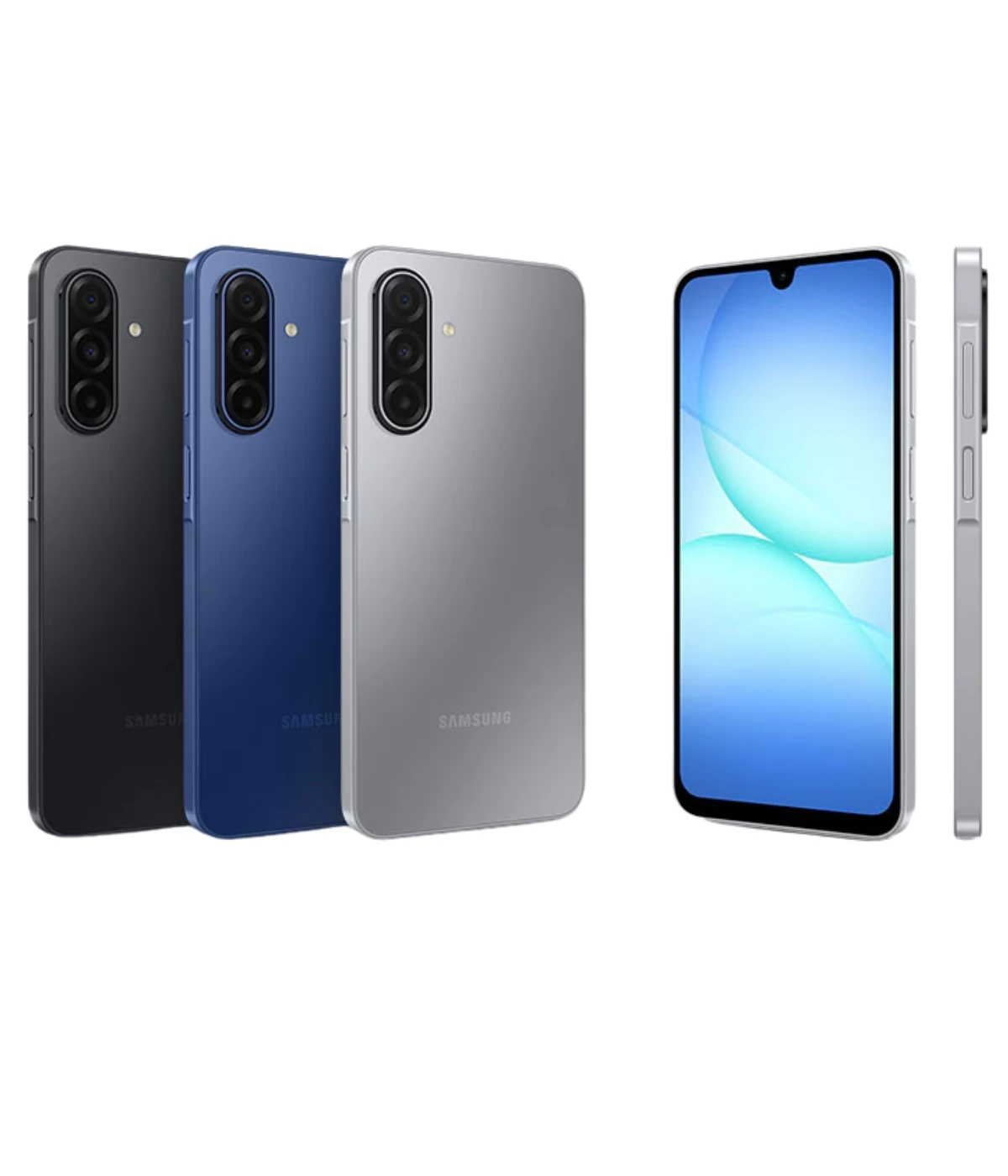 Samsung Galaxy A18 smartphone displayed in three colors: black, blue, and silver. Features a sleek design with a large display, triple rear camera setup, and a side view showing the slim profile. Perfect for modern users.