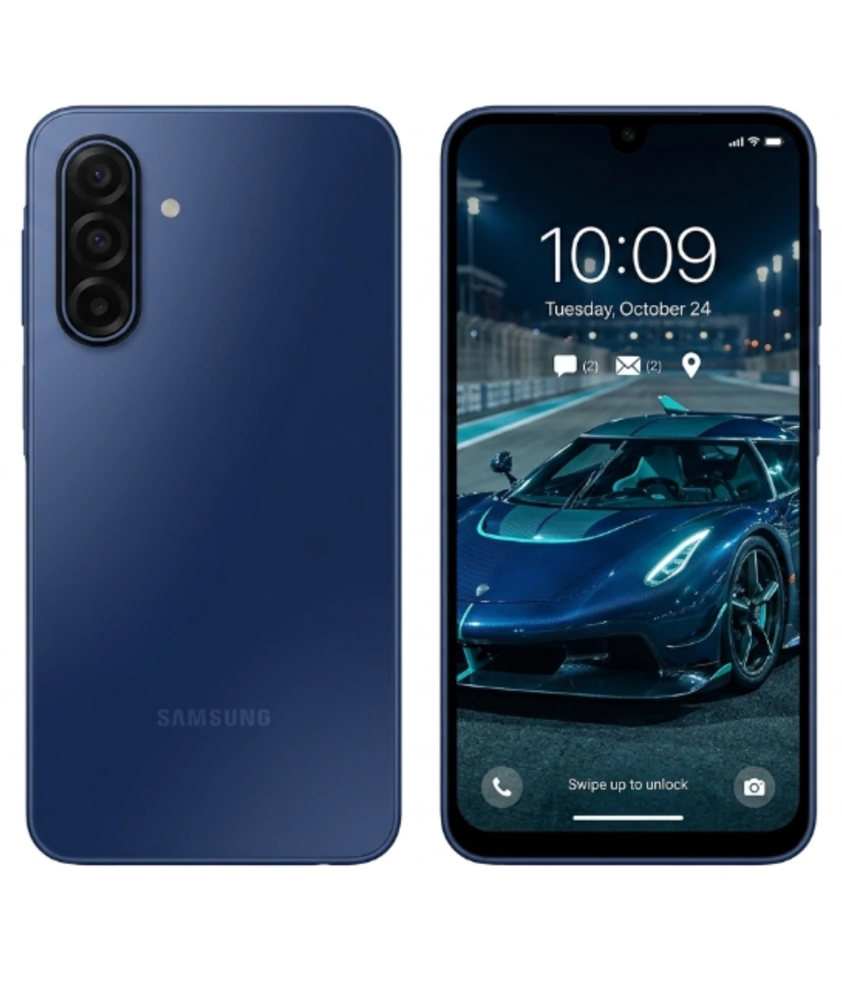 Samsung Galaxy A18 smartphone in navy blue color, featuring a sleek design with a triple camera setup on the back. The front displays a vibrant screen with a car wallpaper, showcasing its modern aesthetics and user interface.