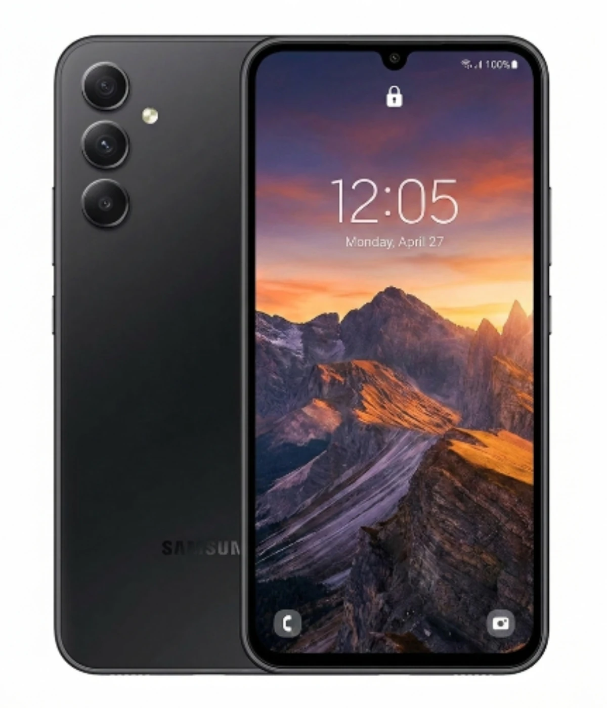 Samsung Galaxy A18 smartphone in sleek black design, featuring a vibrant display showcasing a mountain landscape. The device has a triple camera setup and a modern notch display, perfect for photography enthusiasts.