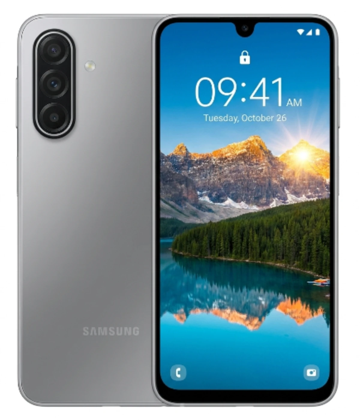 Samsung Galaxy A18 smartphone in sleek silver finish, featuring a vibrant display with a scenic lake wallpaper. The device showcases a triple-camera setup on the back and a modern design with a notch display.