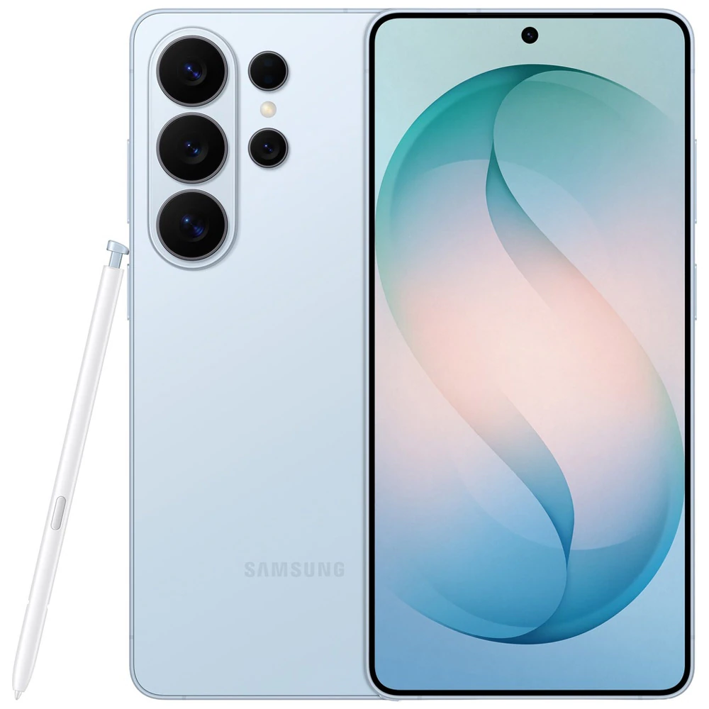 Samsung Galaxy S26 Ultra in light blue color featuring a sleek design, triple rear camera setup, and S Pen. The front showcases a vibrant display with minimal bezels, ideal for multimedia and productivity.