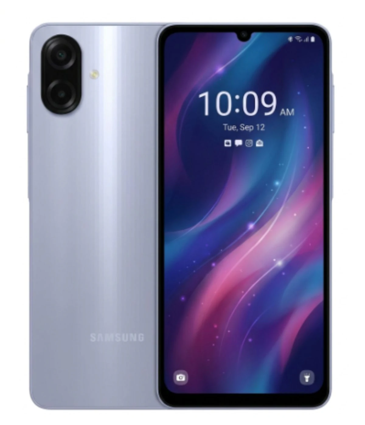 Samsung Galaxy A07 smartphone in sleek silver finish, featuring dual rear cameras and a vibrant display showcasing colorful graphics. The device is shown from the front and back, highlighting its modern design and user interface.